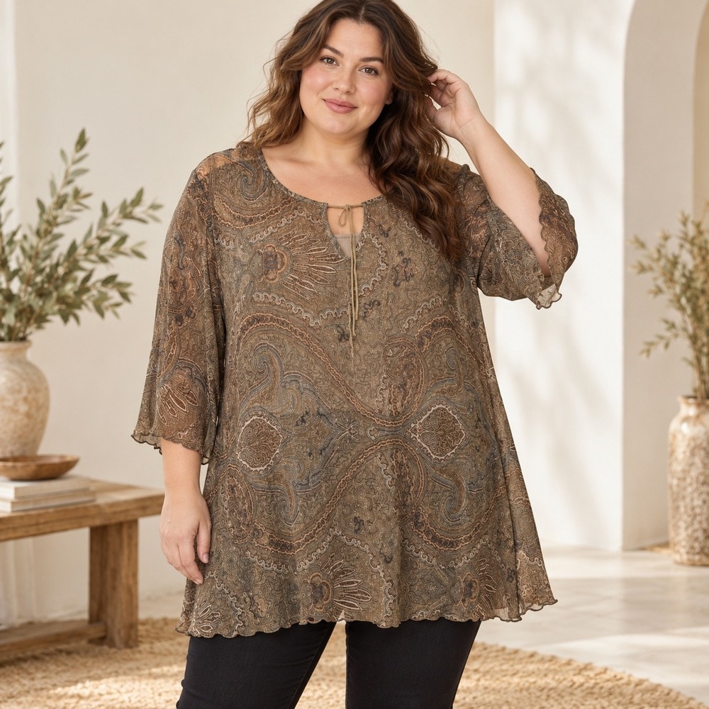 Avenue Brown Paisley Sheer Tunic Blouse 18/20 Boho fairycore earthy 90's